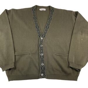 Vintage Le Chateau Green Knit Wool Cardigan, Size XL, Black Aztec Trim